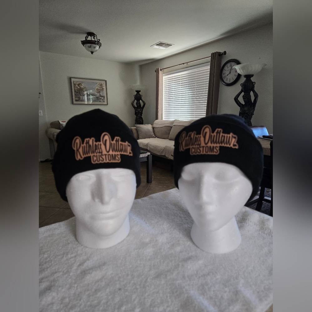 Ruthless Outlawz Customs Leather Patch Black Beanie Cap.  (UNISEX)